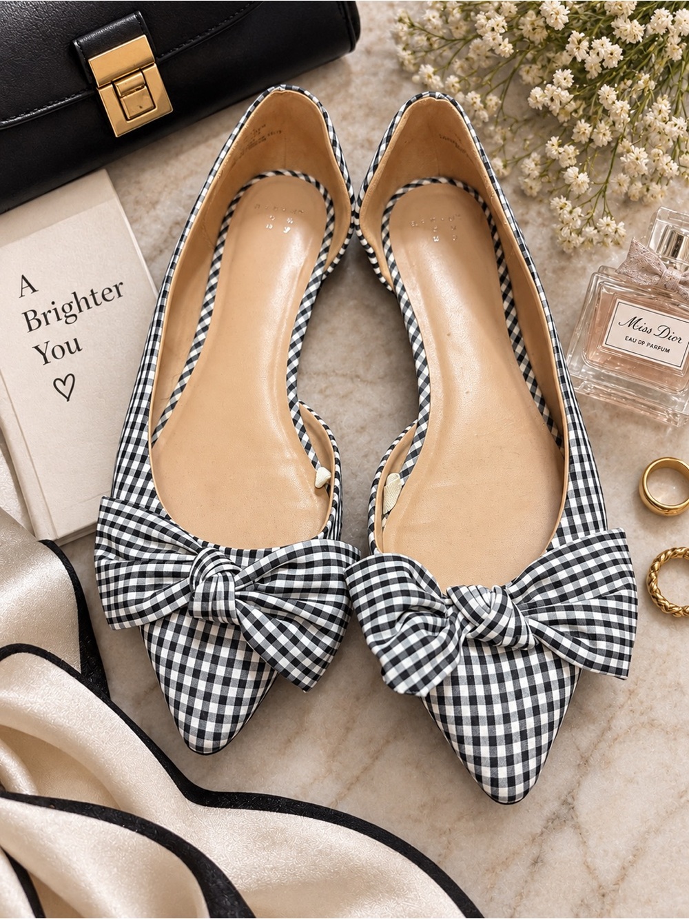 A New Day Black & White Gingham Pointed Toe Bow Ballet Flats